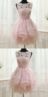 Pink Appliques Organza Tiered Short Homecoming Dress, Simple Homecoming Dresses