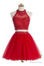 Two Piece Scoop Short Red Organza Beaded Homecoming Dress, With Appliques Sequins