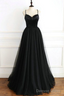 Black Tulle Spaghetti Straps Open Back Long Prom Dresses
