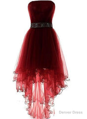 Wine Red Homecoming Dress, Burgundy High Low Party Dress, With Beadings
