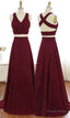 V Neck Burgundy Prom Dress, Criss Cross Straps Chiffon Two Piece Prom Dresses