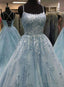 Beautiful A Line Spaghetti Straps Blue Long Prom Dresses, With Appliques