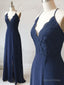 Spaghetti Straps Floor Length Navy Blue Lace Prom Dress, Navy Blue Lace Prom Bridesmaid Dresses