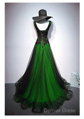 Chaming Black And Green Tulle V-Neckline Long Party Dresses, Beautiful V-Neckline Prom Dresses
