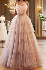 Champagne A-Line Beading Sequin Long Prom Dresses, Champagne Formal Dresses