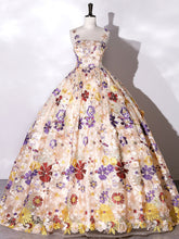 Champagne A-Line Flowers Long Prom Dress, Champagne Sweet 16 Dress