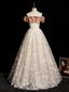 Champagne A-Line Lace Long Prom Dresses, Champagne Long Evening Dresses