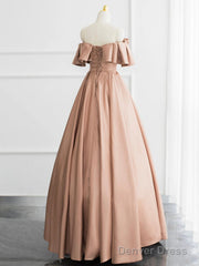 Champagne A-Line Off Shoulder Satin Long Prom Dress, Champagne Formal Dress