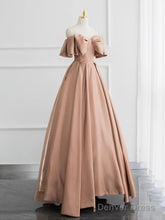 Champagne A-Line Off Shoulder Satin Long Prom Dress, Champagne Formal Dress