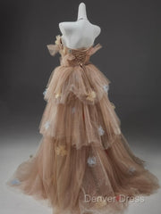 Champagne A-Line Off Shoulder Tulle Sequin Long Ball Dresses Cute Layered Dresses