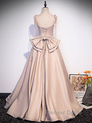 Champagne A-Line Satin Long Prom Dresses, Champagne Formal Evening Dresses