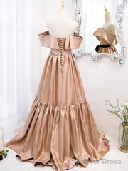 Champagne A Line Satin Off Shoulder Long Prom Dress Champagne Evening Dress
