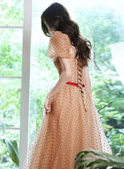 Champagne A-Line Short Sleeves Prom Dress, Champagne Tulle Evening Dress