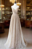 Champagne A Line Spaghetti Strap Sequins Long Prom Dress