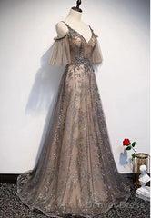 Champagne A-Line Straps Lace Low Back Prom Dress, A-Line Evening Dress