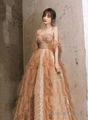 Champagne A-Line Tulle Beaded Off Shoulder Prom Dress, Champagne Party Dress