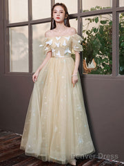 Champagne A-Line Tulle Lace Long Prom Dress, Champagne Evening Dress