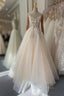 Champagne A -line Tulle Lace Long Prom Dresses, Lace Formal Evening Dresses