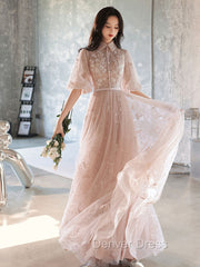 Champagne A-Line Tulle Lace Long Prom Dresses, Champagne Formal Dresses