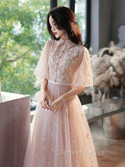 Champagne A-Line Tulle Lace Long Prom Dresses, Champagne Formal Dresses