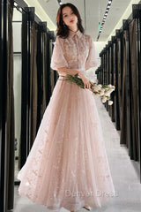 Champagne A-Line Tulle Lace Long Prom Dresses, Champagne Formal Dresses