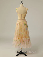 Champagne A Line Tulle Lace Tea Length Prom Dresses, Champagne Evening Dresses