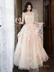 Champagne A-Line Tulle Sequins Long Prom Dresses Embroidery Applique Formal Evening Dresses