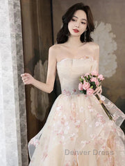 Champagne A-Line Tulle Sequins Long Prom Dresses Embroidery Applique Formal Evening Dresses