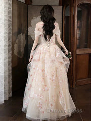Champagne A-Line Tulle Sequins Long Prom Dresses Embroidery Applique Formal Evening Dresses