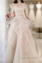 Champagne A-Line Tulle Sequins Long Prom Dresses Embroidery Applique Formal Evening Dresses