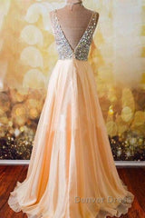 Champagne A-Line V Neck Chiffon Long Prom Dresses, Formal Dresses
