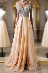 Champagne A-Line V Neck Chiffon Long Prom Dresses, Formal Dresses
