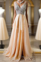 Champagne A-Line V Neck Chiffon Long Prom Dresses, Formal Dresses