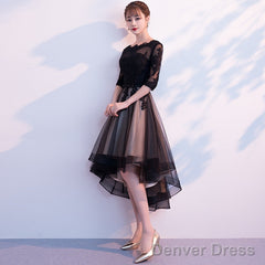 Champagne And Black High Low Short Sleeves Party Dress, High Low Homecoming Dress Formal Dresses