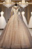 Champagne Ball Gown High Neck Long Sleeve Wedding Dresses With Long Train