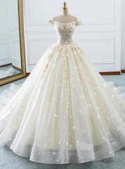 Champagne Ball Gown Off The Shoulder Tulle Sequins Wedding Dress