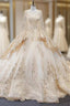 Champagne Ball Gowns Satin Sequins Long Sleeve Wedding Dresses With Train