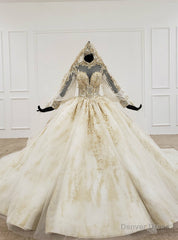 Champagne Ball Gown Tulle Appliques High Neck Long Sleeve Backless Wedding Dress