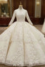 Champagne Ball Gowns Tulle Appliques Long Sleeve Wedding Dresses