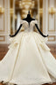 Champagne Ball Gowns Tulle Appliques Off the Shoulder Wedding Dresses With Long Train