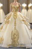 Champagne Ball Gown Tulle Gold Sequins Appliques Off the Shoulder Prom Dresses