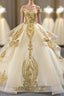 Champagne Ball Gowns Tulle Gold Sequins Appliques Off the Shoulder Prom Dresses