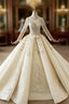 Champagne Ball Gowns Tulle High Neck Long Sleeve Beading Wedding Dresses