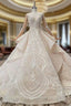 Champagne Ball Gown Tulle Lace Long Sleeve Backless Wedding Dresses With Beading