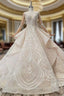 Champagne Ball Gowns Tulle Lace Long Sleeve Backless Wedding Dresses With Beading