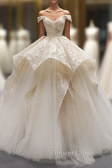 Champagne Ball Gown Tulle Lace Off The Shoulder Prom Dresses