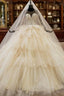 Champagne Ball Gowns Tulle Long Sleeve Tiers Beading Wedding Dresses
