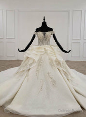 Champagne Ball Gown Tulle Off the Shoulder Appliques Beading Sequins Wedding Dress