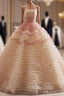Champagne Ball Gowns Tulle Pleats Strapless Prom Dresses
