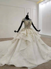 Champagne Ball Gown Tulle Sequins Cap Sleeve Backless Wedding Dress